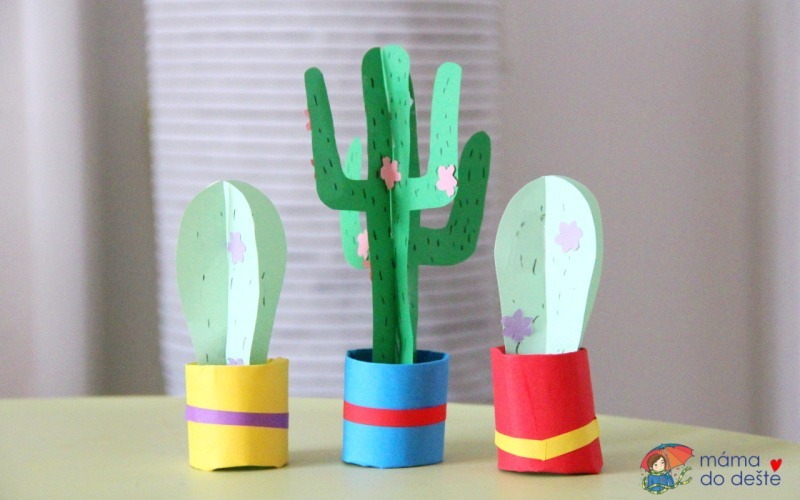 3D kaktusy z farebného papiera a ruličiek od toaletného papiera